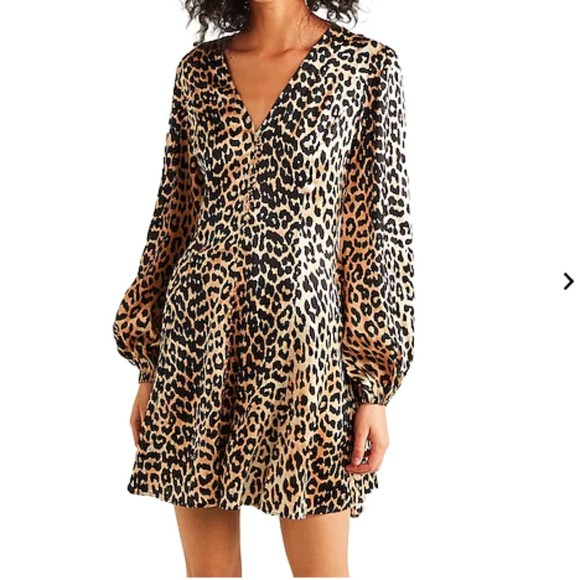 Ganni Dresses & Skirts - GANNI Leopard animal print silk mini dress puff sleeves